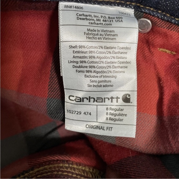 Carhartt Jeans Womens Original Fit Straight Leg Dark Wash Flannel Lined Size 8 - Picture 4 of 6